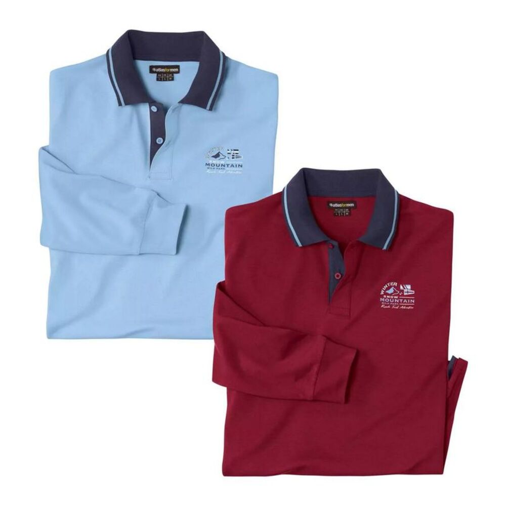 Atlas For Men Mens Long-Sleeved Polo Shirt (Pack of 2) / Burgundy/Sky Blue